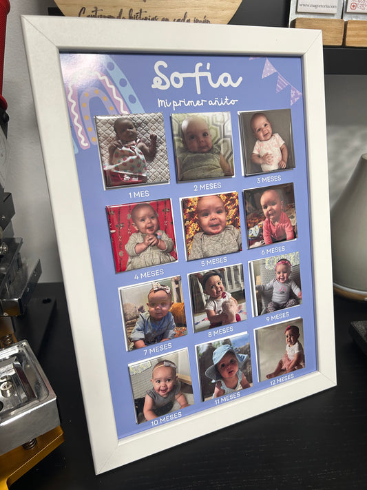 Cuadro "Mi Primer Añito" con 12 imanes personalizados